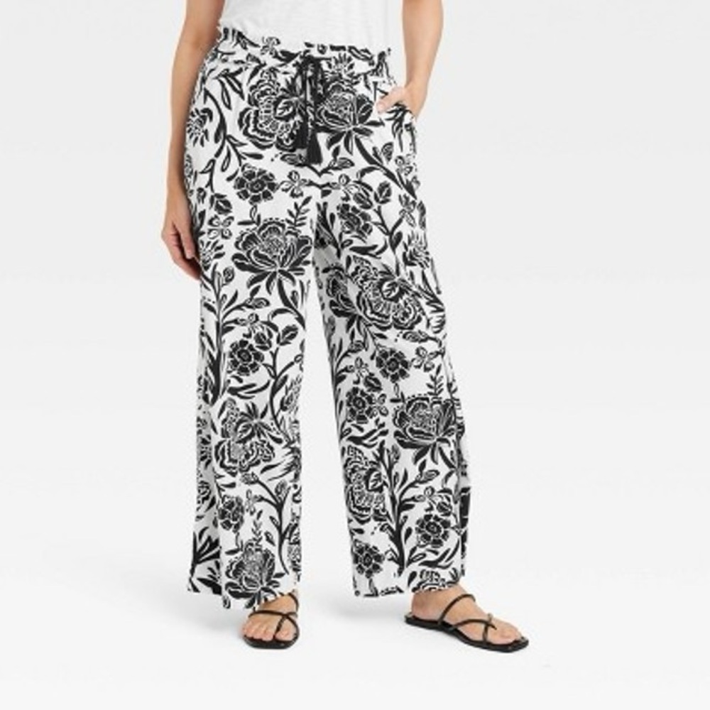 EUC Knox Rose Relaxed Wide Leg Pants Heather Black & White Floral Size XS